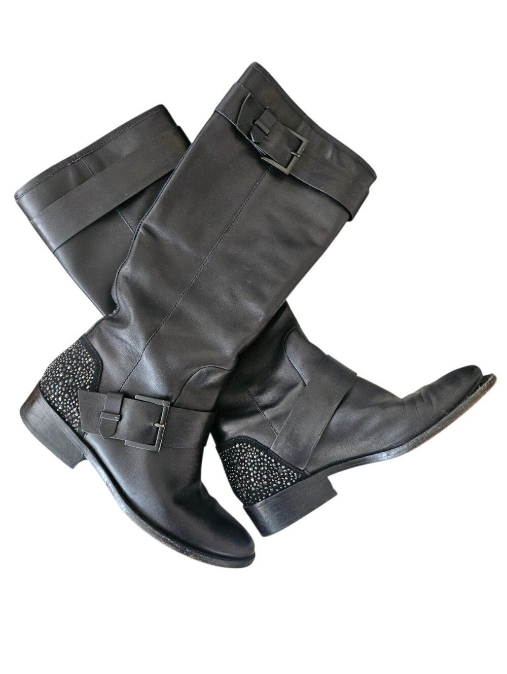 Brian Atwood Dita Black Leather Crystal Knee-High Riding Boots Size 8